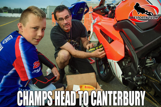 Christchurch’s former New Zealand Superbike champion Dennis Charlett (right), pictured here with young son Hunter, sure to both be in the thick of the action on home turf this weekend. Photo by Andy McGechan, BikesportNZ.com