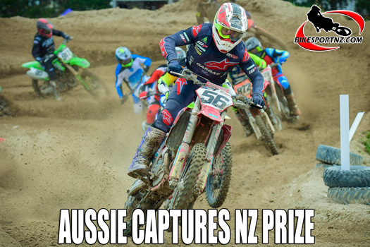 Australian rider Kirk Gibbs (GASGAS MC450FE), on his way to clinching the first major silverware of the 2024-25 New Zealand motocross season. Photo by Andy McGechan, BikesportNZ.com