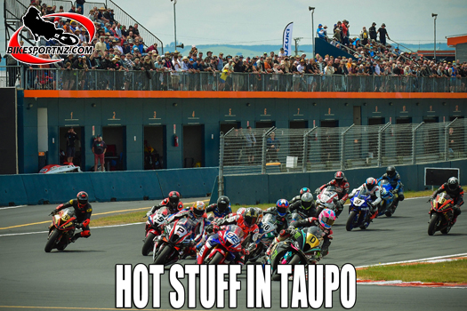 There’s no room for error as the formula one/superbike riders charge into turn one at Taupo, round one of the 2024 Suzuki International Series at the weekend. Photo by Andy McGechan, BikesportNZ.com 