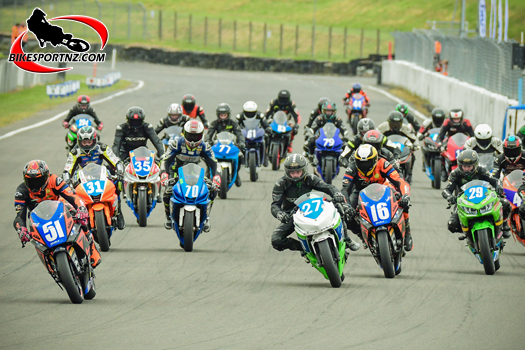 Auckland’s Cameron Leslie (No.51) leads the Supersport 300 class riders into turn one at Manfeild last month, round two of the series in the Manawatu. Photo by Andy McGechan, BikesportNZ.com