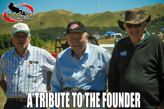 Woodville Motocross co-founder Tim Gibbes (centre), flanked by fellow ‘Woodville legends’ Ken Cleghorn (left), Gibbes’ brother-in-law and the winner of the first Woodville event in 1961, and Kevin Eagle at the 60th anniversary of the iconic event three years ago. Photo by Andy McGechan, BikesportNZ.com